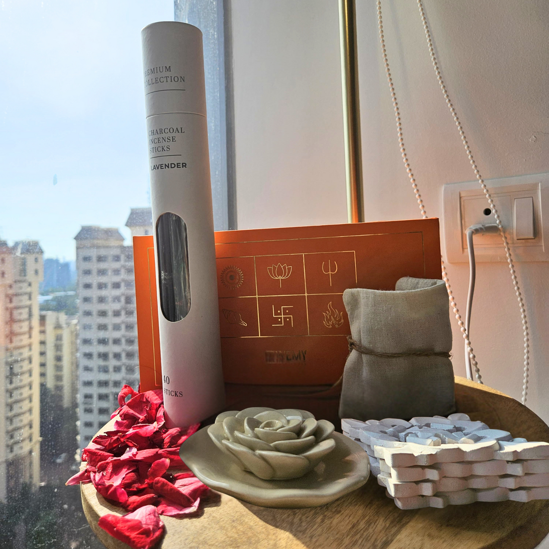 Includes Incense Sticks with Ceramic Rose Incense Holder, 4 Wooden Coasters & Dry Fruit Pouch