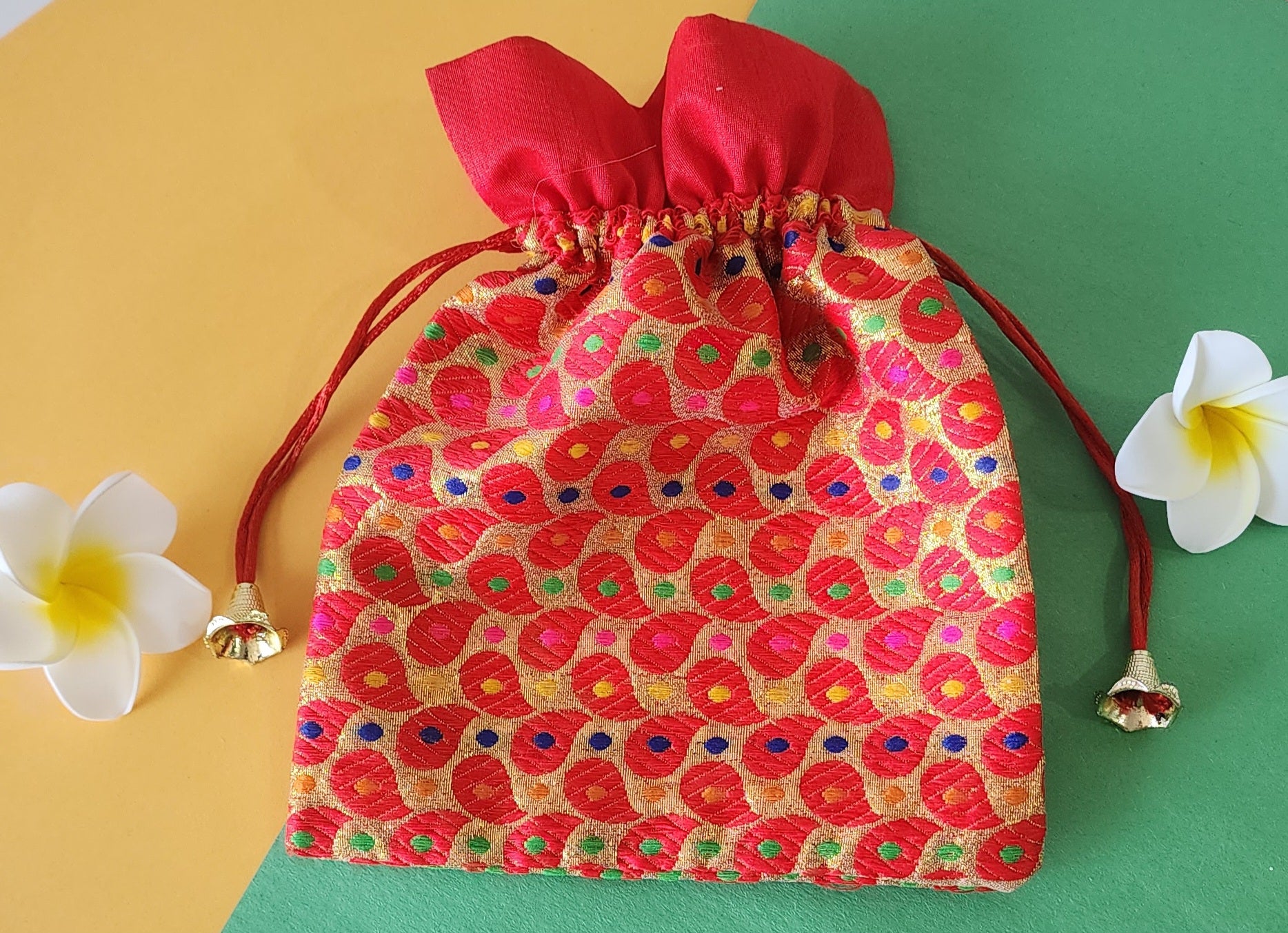 Red Gift Potli Pouch With Design (Pack of 12)