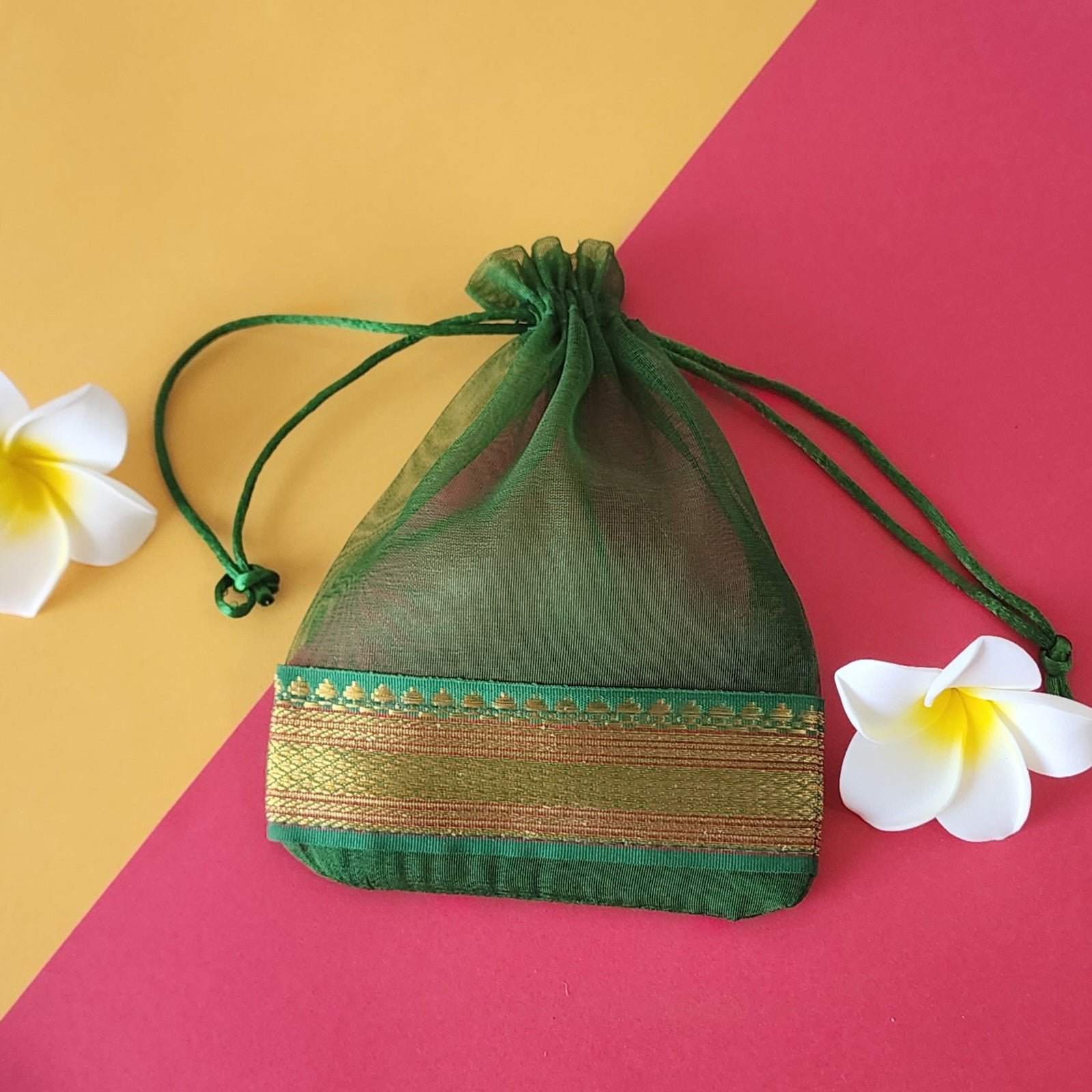 Green design Organza Potli Bags with flowers around