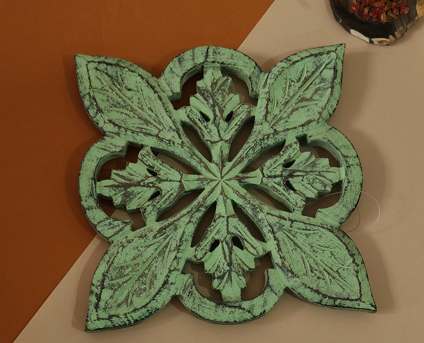 Wood Carved Trivet in a sleek green finish