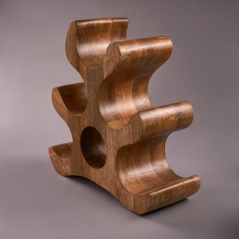 A wooden carved wine bottle holder with intricate carvings, designed to store wine bottles.