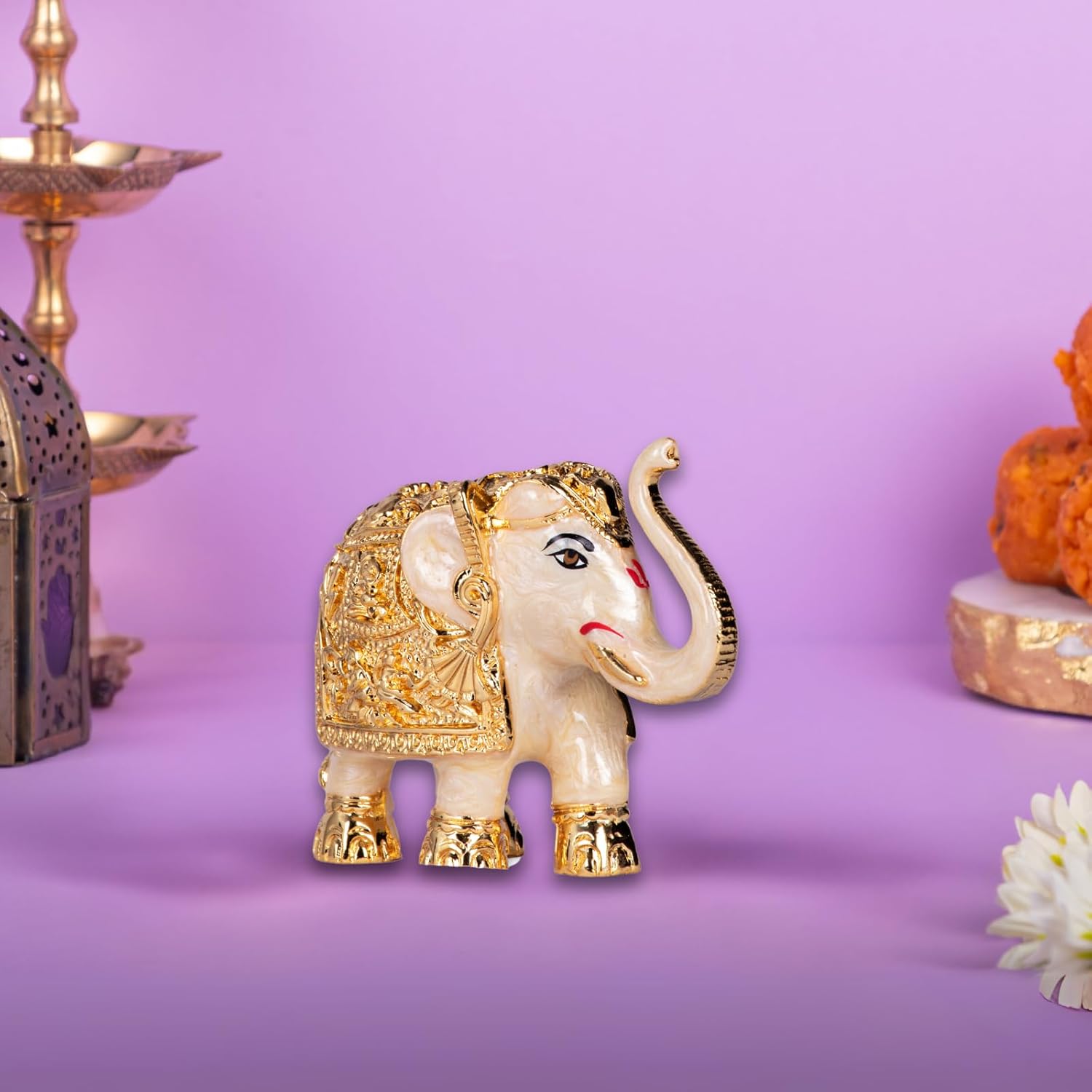 Premium Quality Gold Plated Resin Elephant Show Piece White (3 Inches)