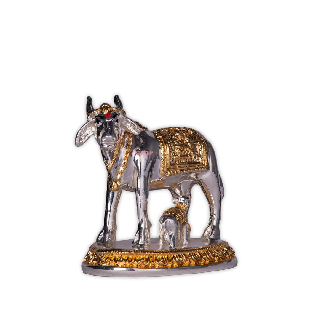 Resin Silver Plated Kamdhenu Cow with Calf Statue for Vastu, Good Luck, Show Piece, Home Decor & Housewarming Return Gift - 3 Inches