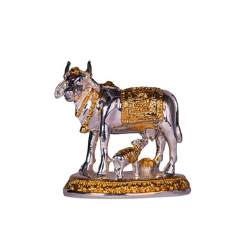 Resin Silver Plated Kamdhenu Cow with Calf Statue for Vastu, Good Luck, Show Piece, Home Decor & Housewarming Return Gift - 3 Inches