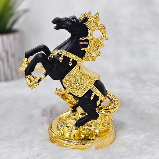 Gold Plated Jumping Knight Horse Statue Idol for Vastu, Feng Shui (Black and Gold)