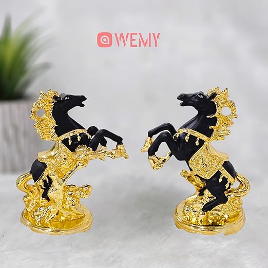 Gold Plated Jumping Knight Horse Statue Idol for Vastu, Feng Shui (Black and Gold)