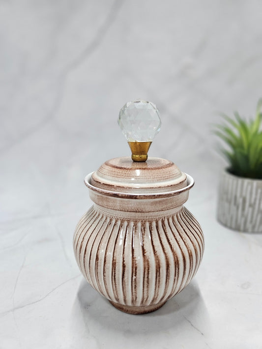 Brown Coloured textured Jar with Crystal Lid