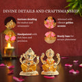 A pair of gold-plated idols of Lord Ganesha and Goddess Lakshmi on a dark surface with pink flower petals. The image also highlights the idols' intricate details, hand-painted features, and golden accents.