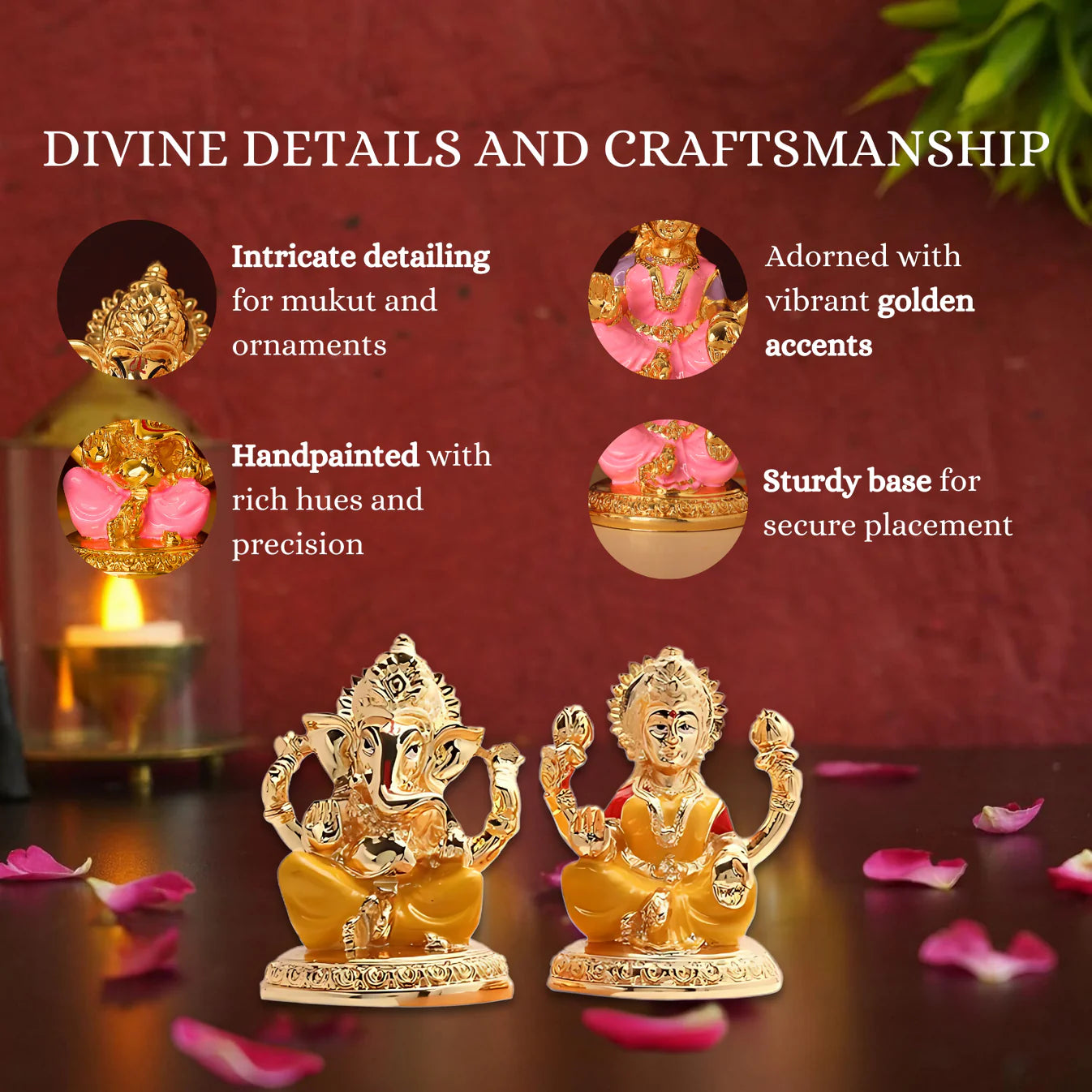 A pair of gold-plated idols of Lord Ganesha and Goddess Lakshmi on a dark surface with pink flower petals. The image also highlights the idols' intricate details, hand-painted features, and golden accents.