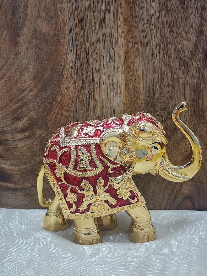 24k Gold Plated Elephant Idol | Showpiece for Vastu, Good Luck, Gifts for House Warming Ceremony and Home Decoration - 5 Inches (1, Red)