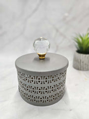 Metal Cut Worked Ash Coloured Jar with Crystal Lid