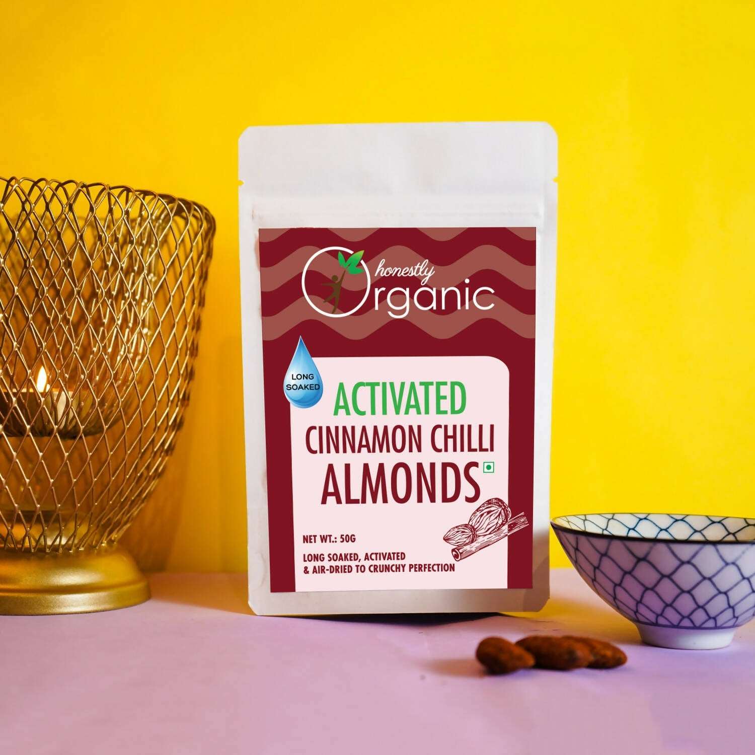 Activated Cinnamon Chilli Almonds (100% Natural & Fresh, Long Soaked & Air Dried to Crunchy Perfection) - 50g (Pack of 2) Wemy Store