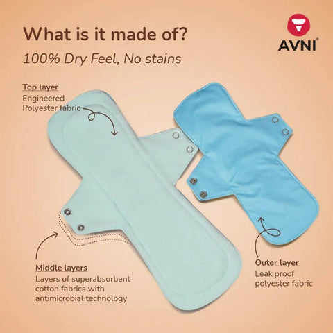 Avni Fluff Washable Cloth Pads, 3 L + 1 XL (3 X 280MM + 1 X 330MM, Pack of 4) + Avni Plant Based Liquid Detergent, Period/Inner Wear Wash- 100ml (Combo Pack of 5) Wemy Store