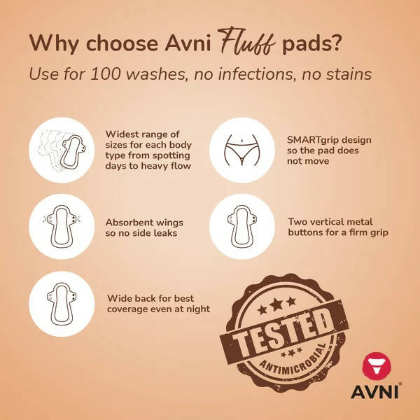 Avni Fluff Washable Cloth Pads, 3 L + 1 XL (3 X 280MM + 1 X 330MM, Pack of 4) + Avni Plant Based Liquid Detergent, Period/Inner Wear Wash- 100ml (Combo Pack of 5) Wemy Store