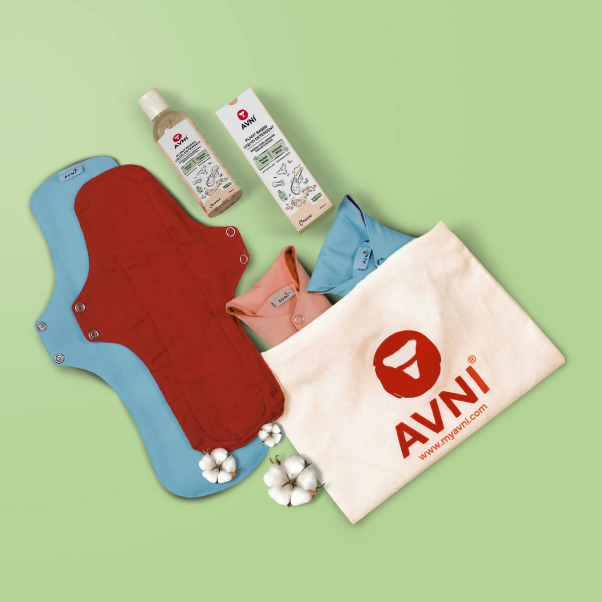 Avni Lush Certified 100% Organic Cotton Washable Cloth Pads, 2 R + 2 L (2 X 240MM + 2 X 280MM, Pack of 4) + Avni Plant Based Liquid Detergent, Period/Inner Wear Wash- 100ml (Combo Pack of 5) Wemy Store