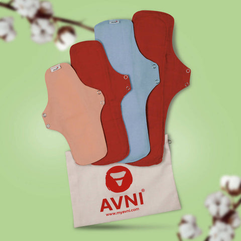 Avni Lush Certified 100% Organic Cotton Washable Cloth Pads, 3 R + 1 L (3 X 240MM + 1 X 280MM, Pack of 4) | Antimicrobial Reusable Cloth Sanitary Pad | With Cloth Storage pouch Wemy Store
