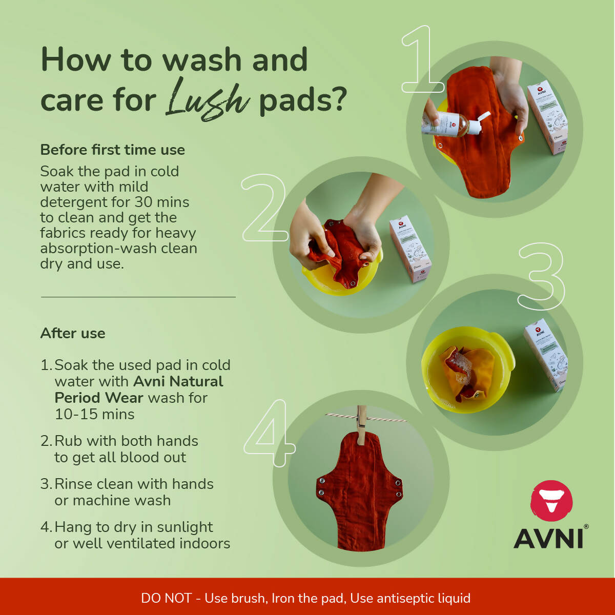 Avni Lush Certified 100% Organic Cotton Washable Cloth Pads, Large Size (L-280MM, Pack of 4) + Avni Plant Based Liquid Detergent, Period/Inner Wear Wash- 100ml (Combo Pack of 5) Wemy Store