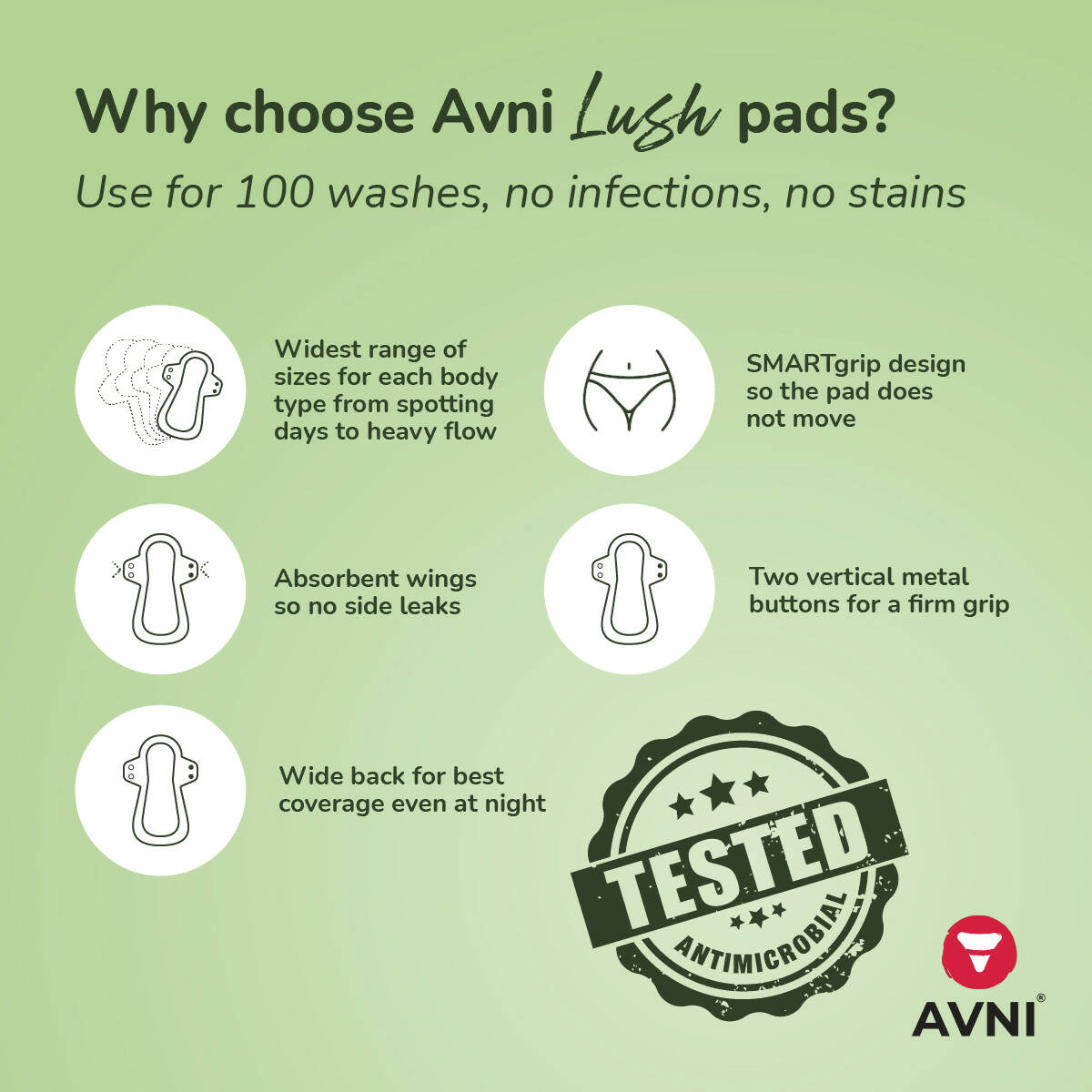 Avni Lush Certified 100% Organic Cotton Washable Cloth Pads, Regular Size (R-240MM, Pack of 2) + Avni Natural Cloth Pad wash - 100ml (Combo Pack of 3) Wemy Store