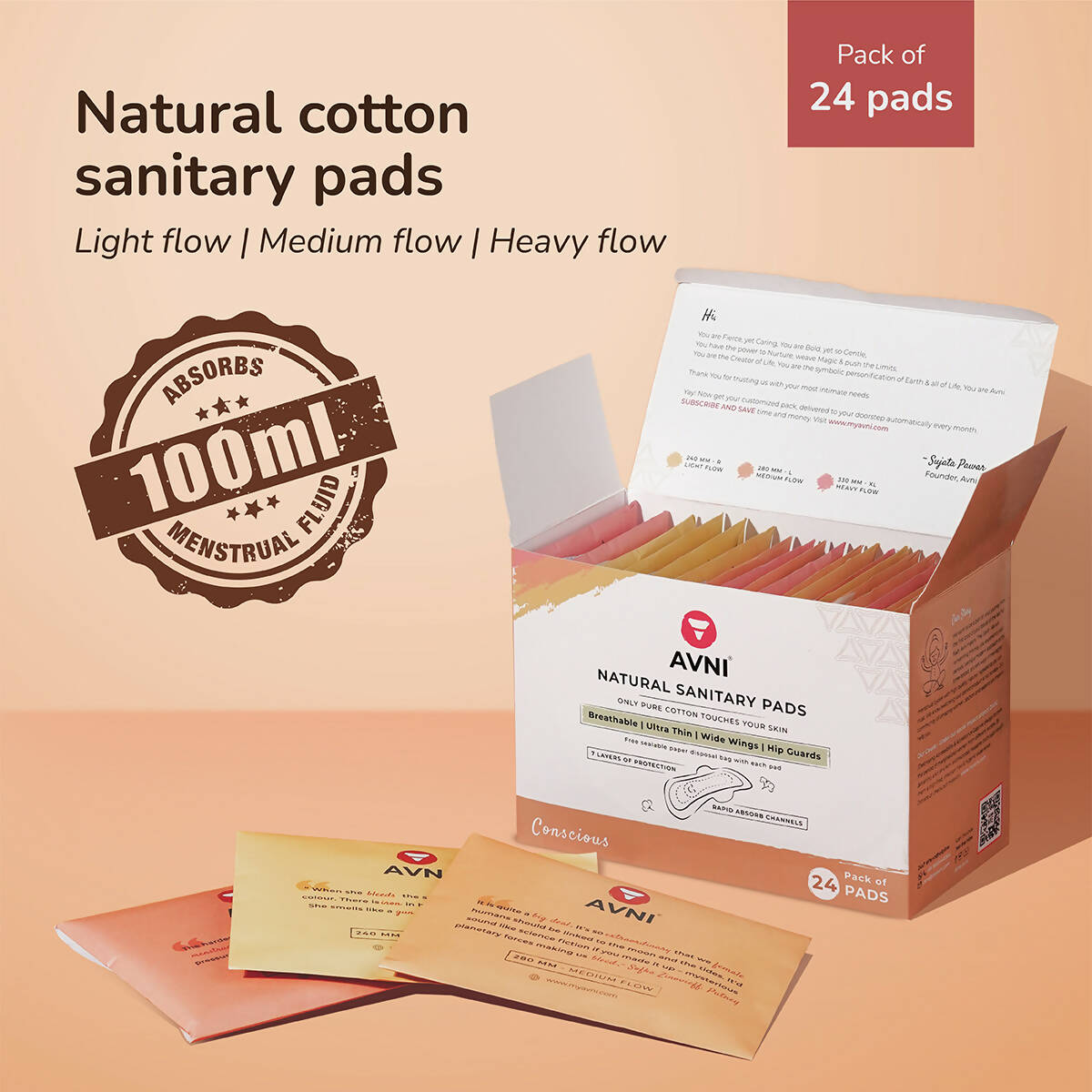 Avni Natural Cotton Sanitary Pads (XL, Pack of 24) with Paper Disposal Bags | Heavy flow Wemy Store