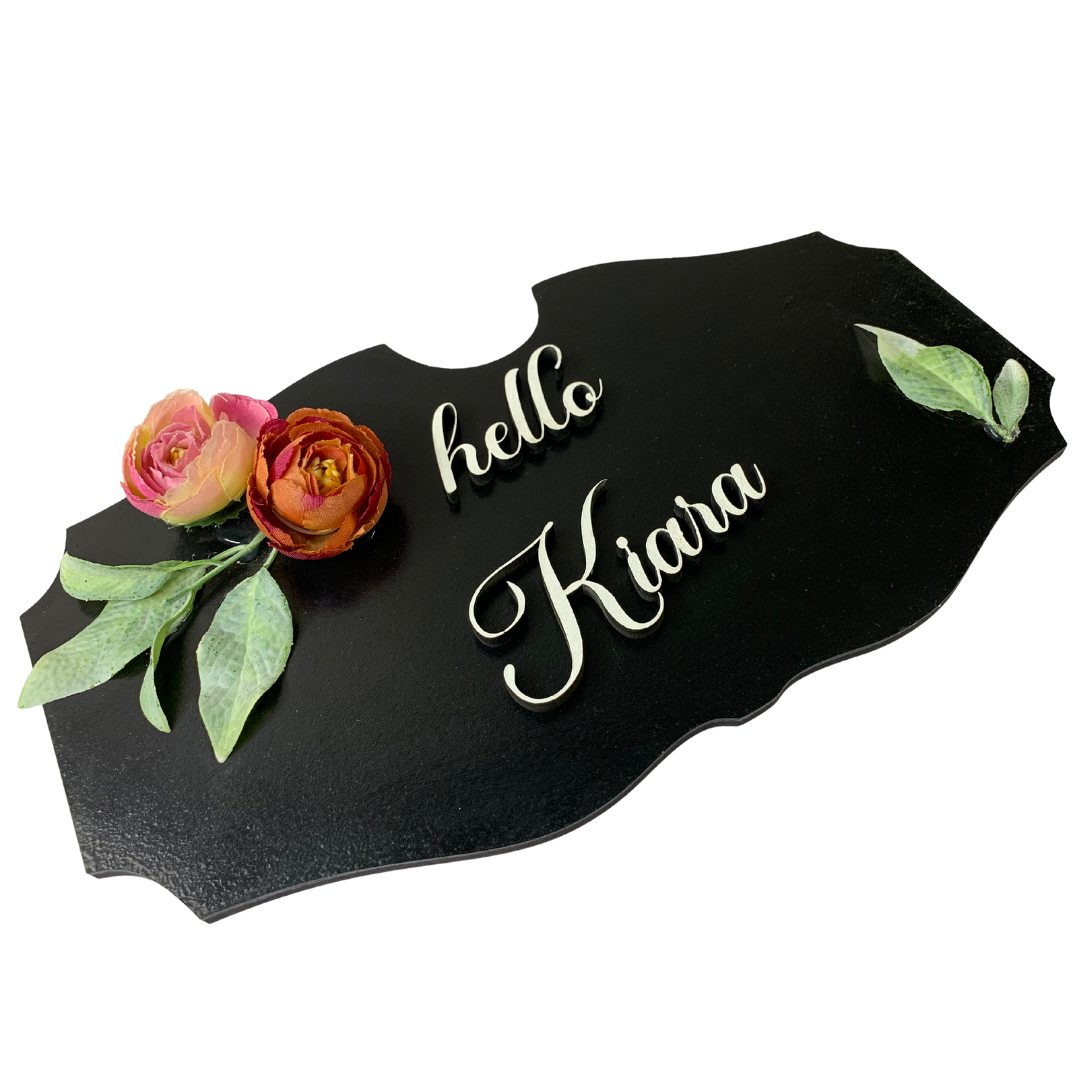 Black Nameplate With Beautiful Flowers and Leaves Wemy Store
