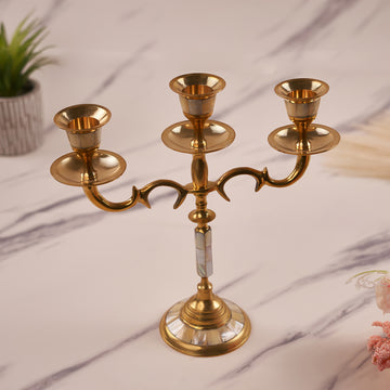 Elegant Three-Arm Brass Mother of Pearl Candle Holder – Decorative Candlestick for Home Décor, Table Centerpieces, and Special Occasions