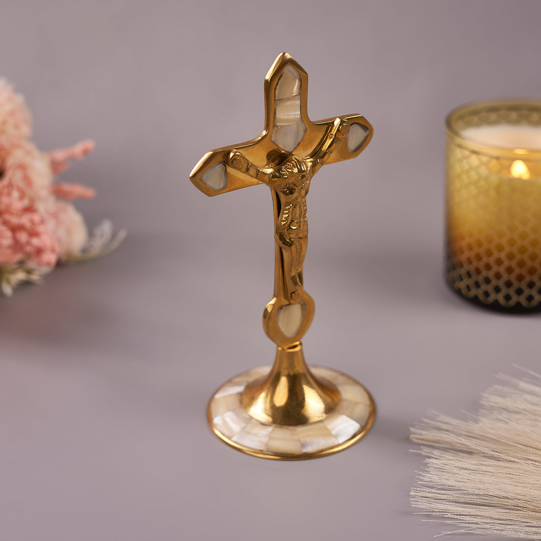 Mother-of-Pearl Brass Cross for Home Décor and Spirituality