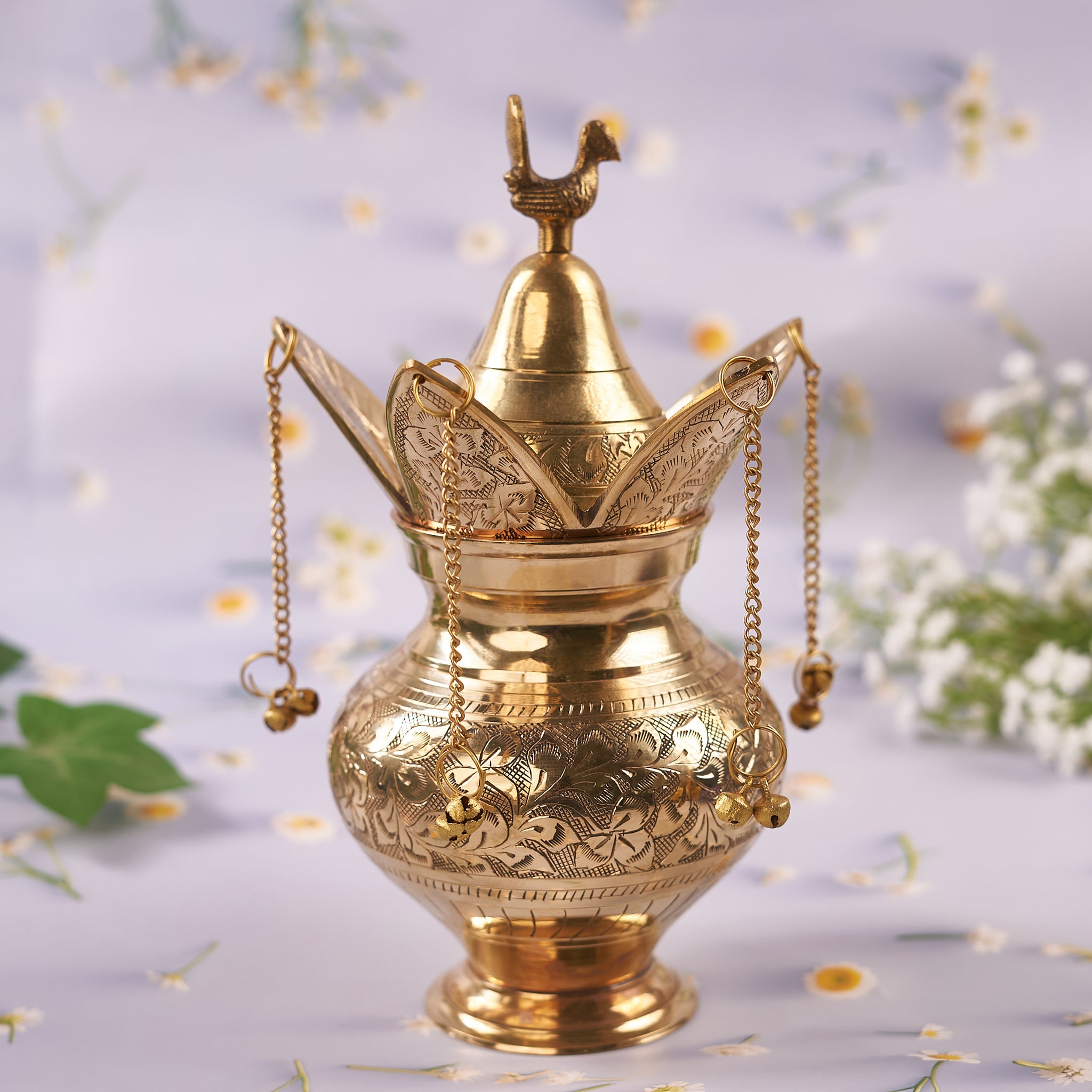 Brass Etched Handwork Lota and Brass Coconut for Traditional Décor