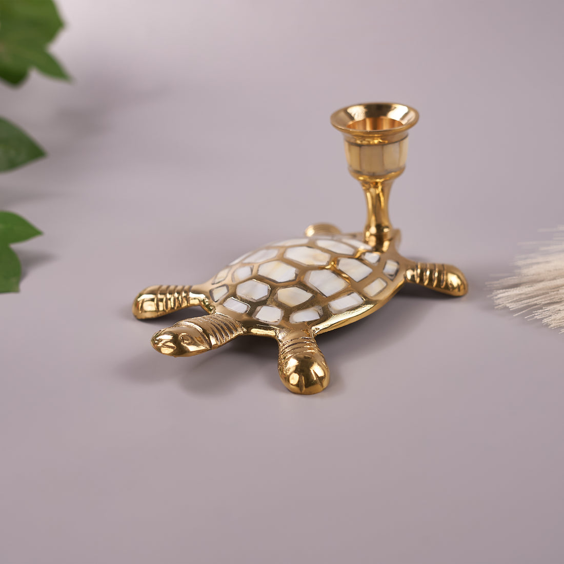 Brass & Mother-of-Pearl Turtle Shape Candle Holder for Home Décor