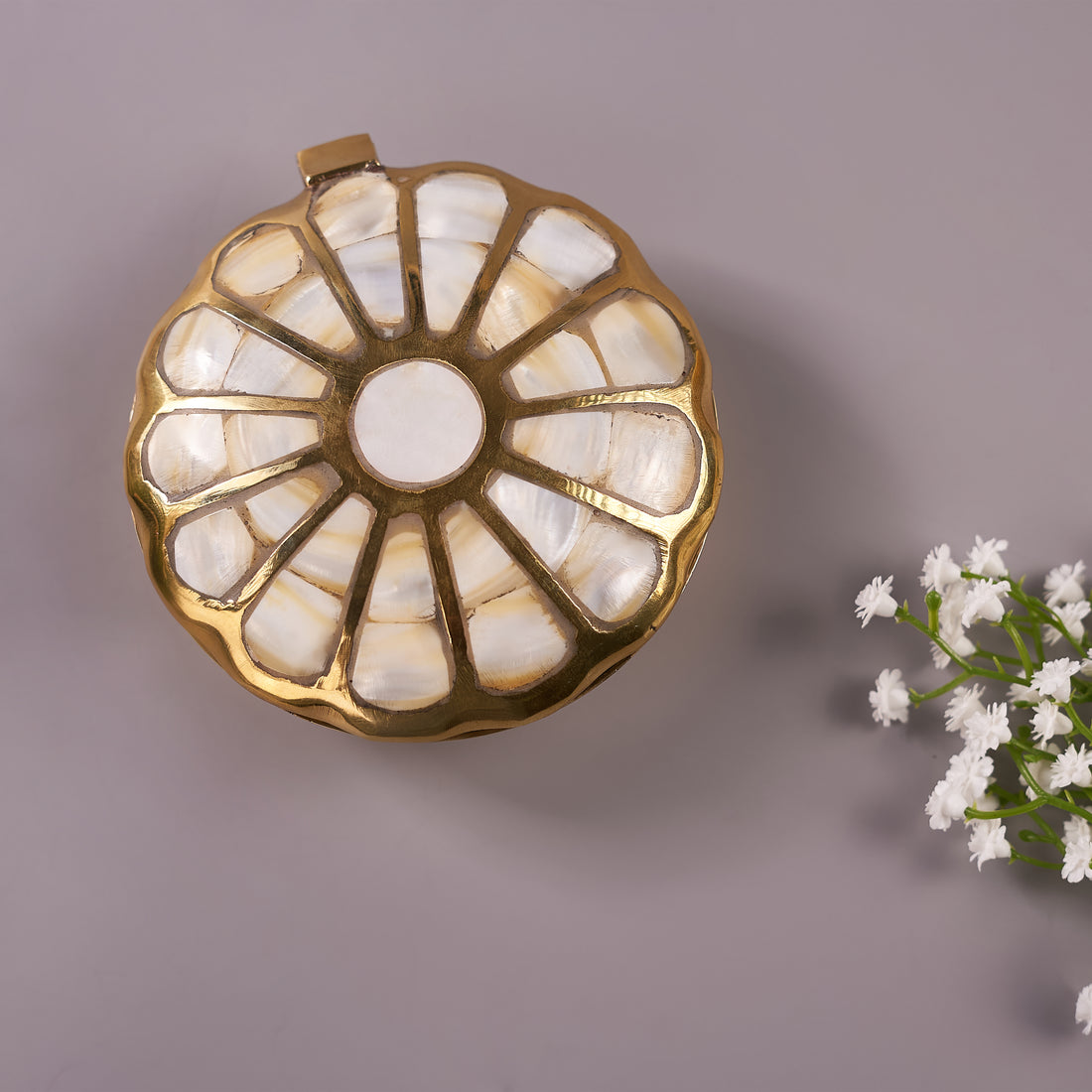 Brass Mother of Pearl Round Shell Shape Box