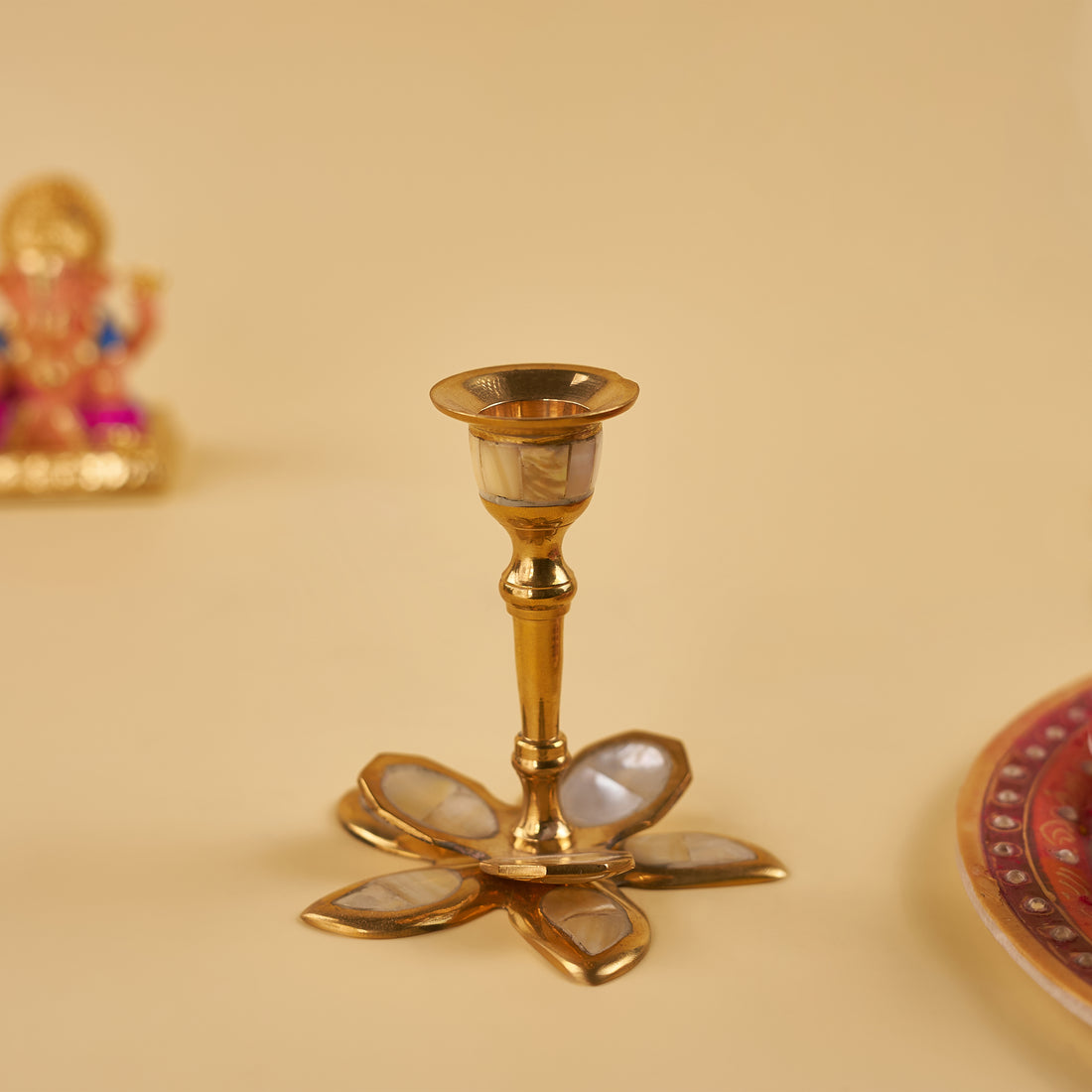 Brass Mother of Pearl Petals Shape Candle Stand