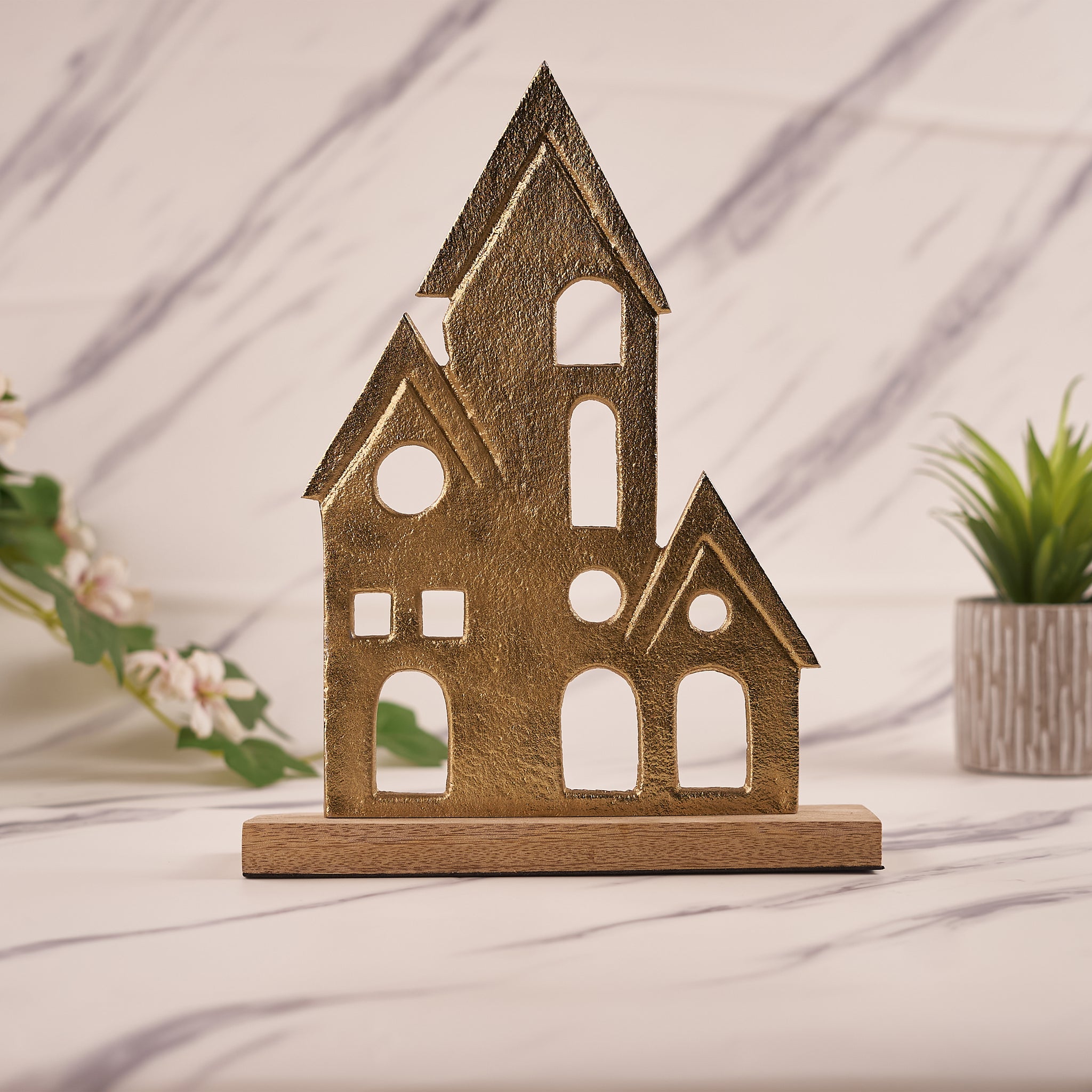 Brass House Figurine with Wooden Base – A Unique and Artistic Décor Piece