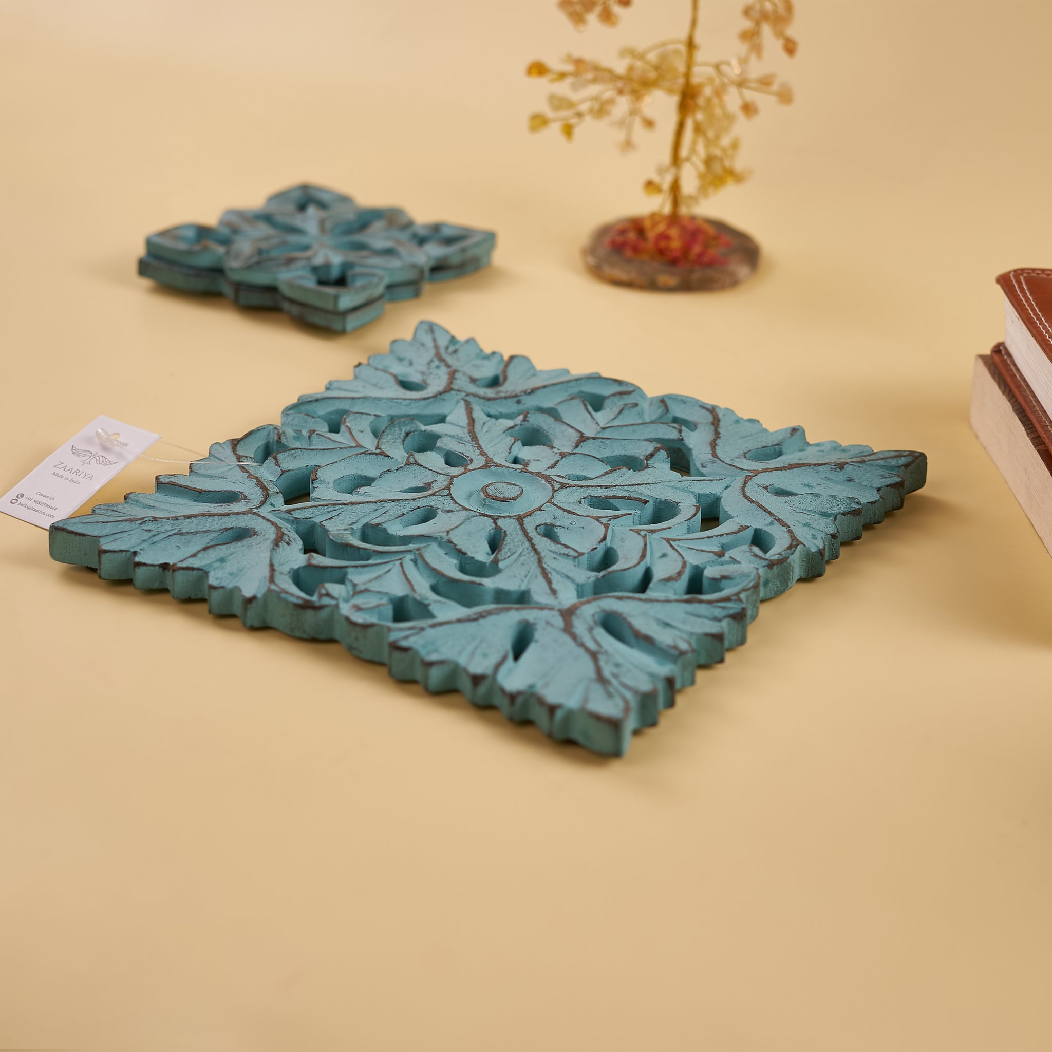 Wooden Carved Trivet in Turquoise – Stylish and Functional Kitchen Accessory