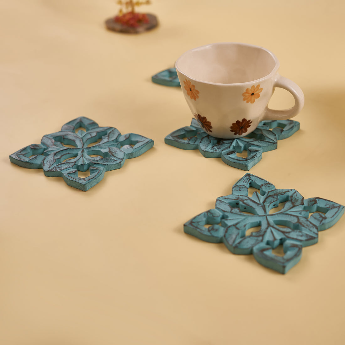 Wooden Handmade Turquoise Coaster Set of 4 – Elegant and Functional Drink Protectors
