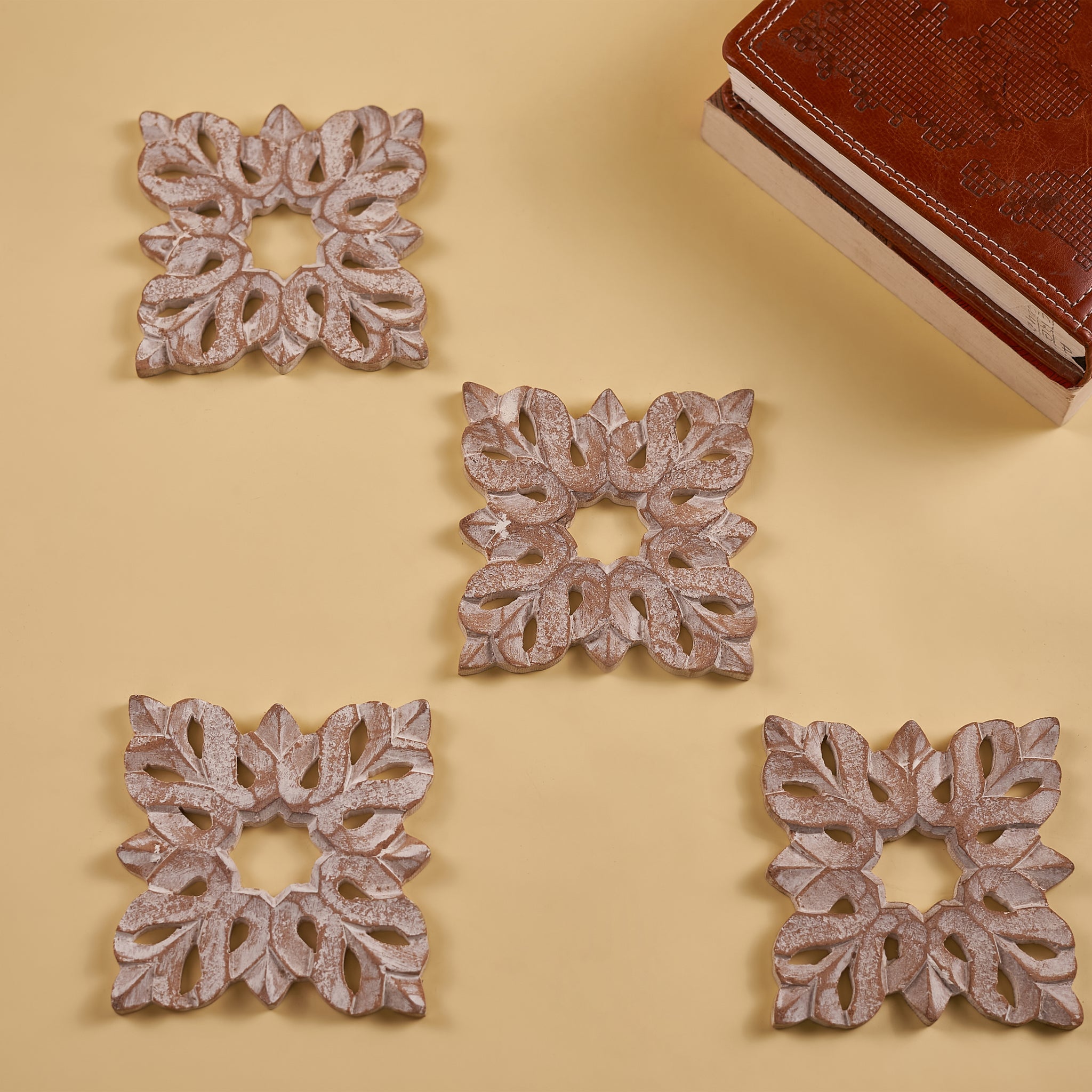 White Wooden Carved Coaster Set of 4 – Stylish and Practical Tabletop Protection