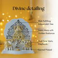 An image of a Gajalakshmi idol with intricate detailing, featuring the goddess Lakshmi seated on a lotus with golden radiance, flanked by two dual-tone elephants, and a Wish Fulfilling Kalpavruksh Tree behind her. The base includes a Sacred Prasad.