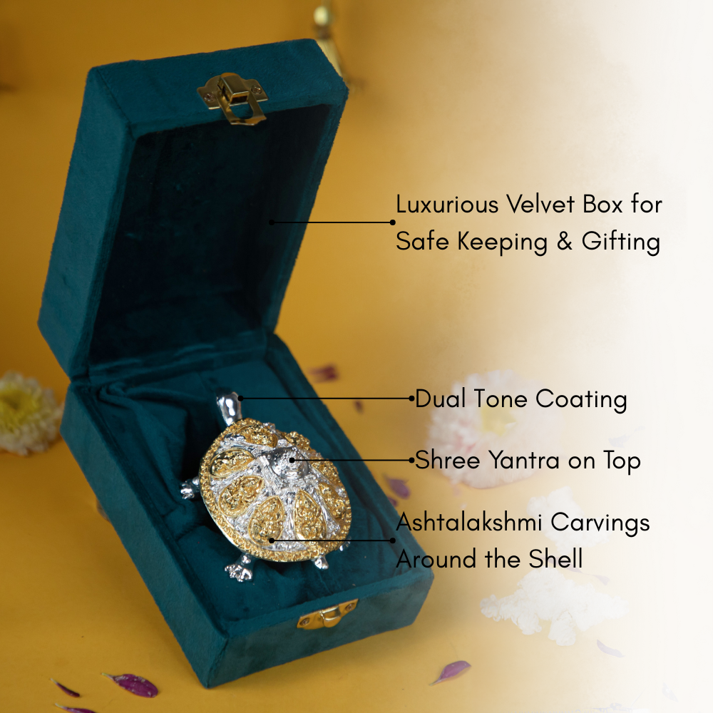 A gold and diamond-studded turtle in a teal velvet box, with flowers and a brass bowl on a yellow background. The image is related to a turtle for vastu pooja.