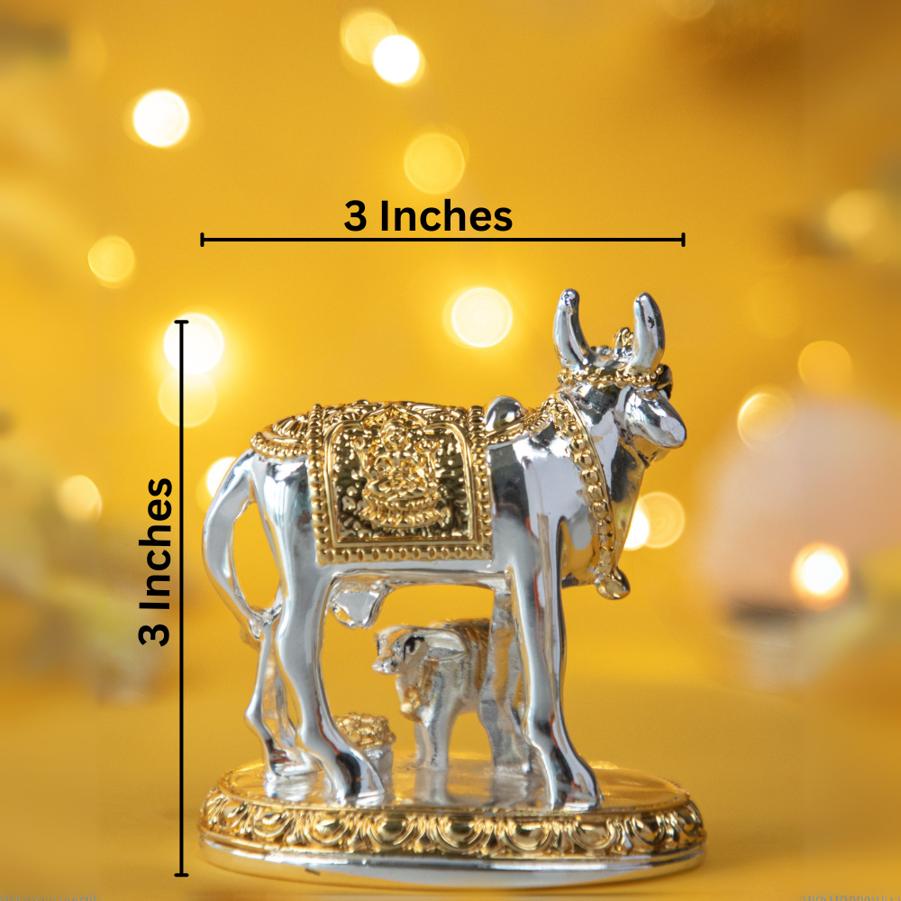 Resin Kamdhenu Cow And Calf Idol Silver - 3 Inches
