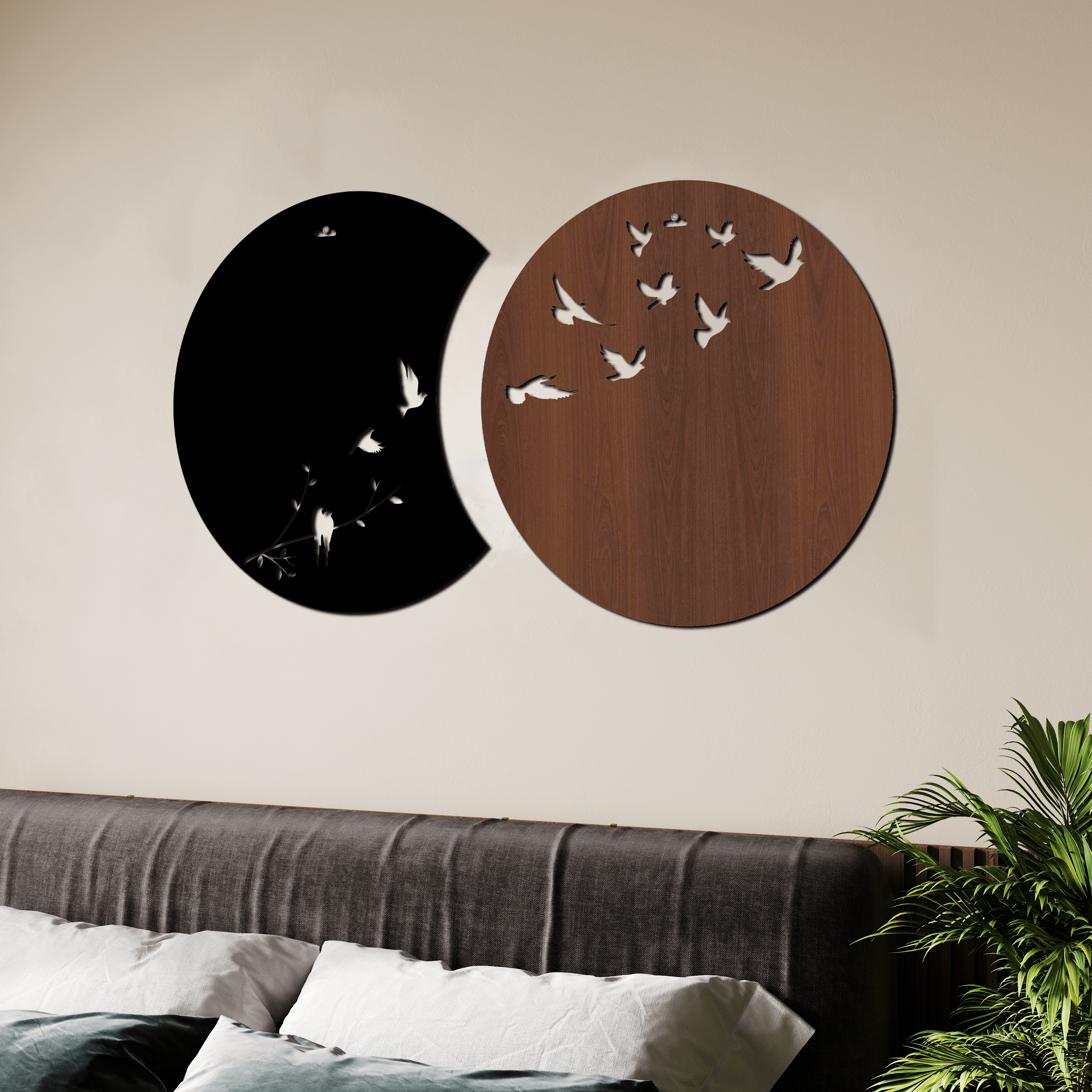Flying Birds in Waning Gibbous and Full Moon Wooden Wall Art Wemy Store