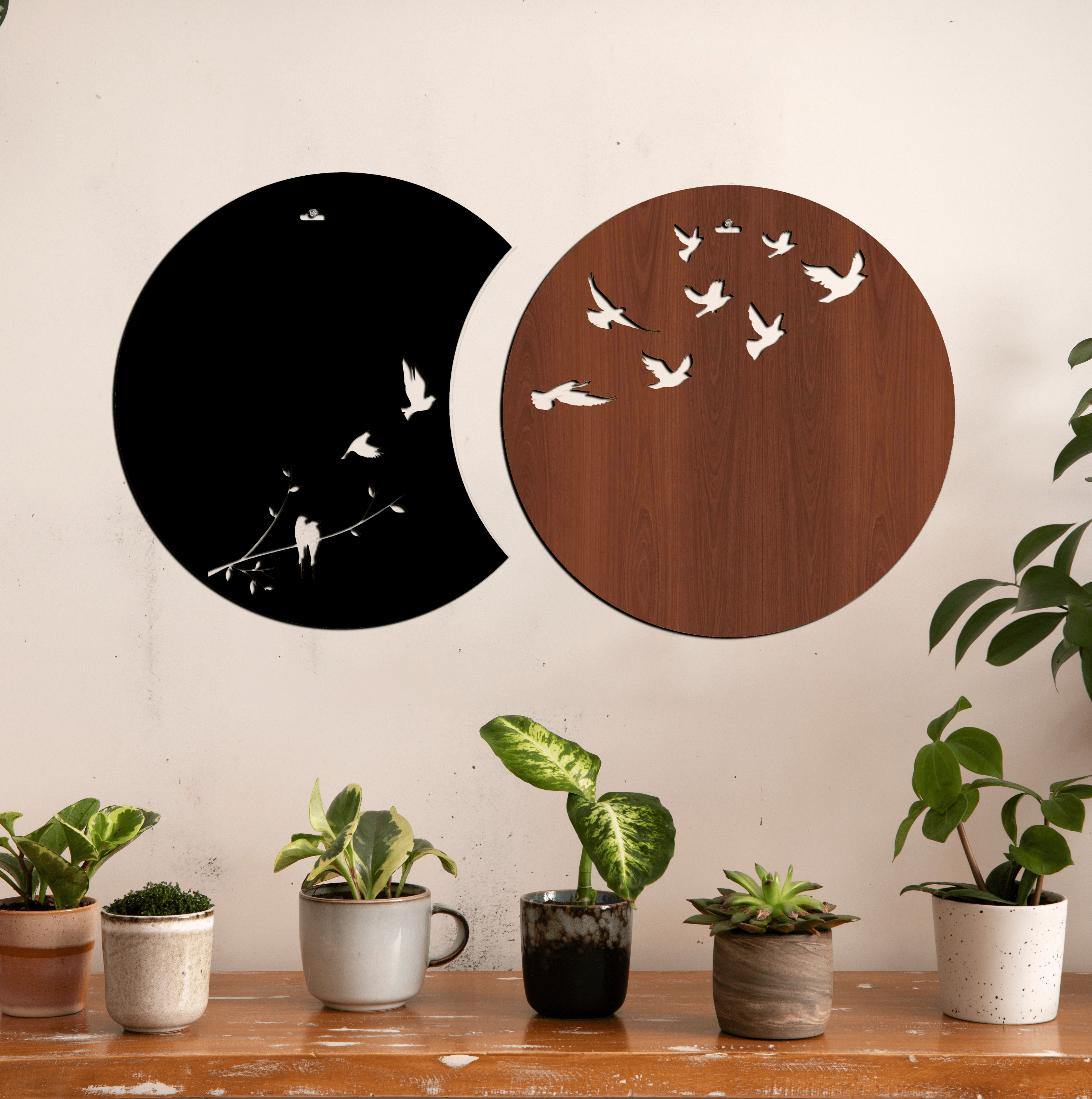 Flying Birds in Waning Gibbous and Full Moon Wooden Wall Art Wemy Store