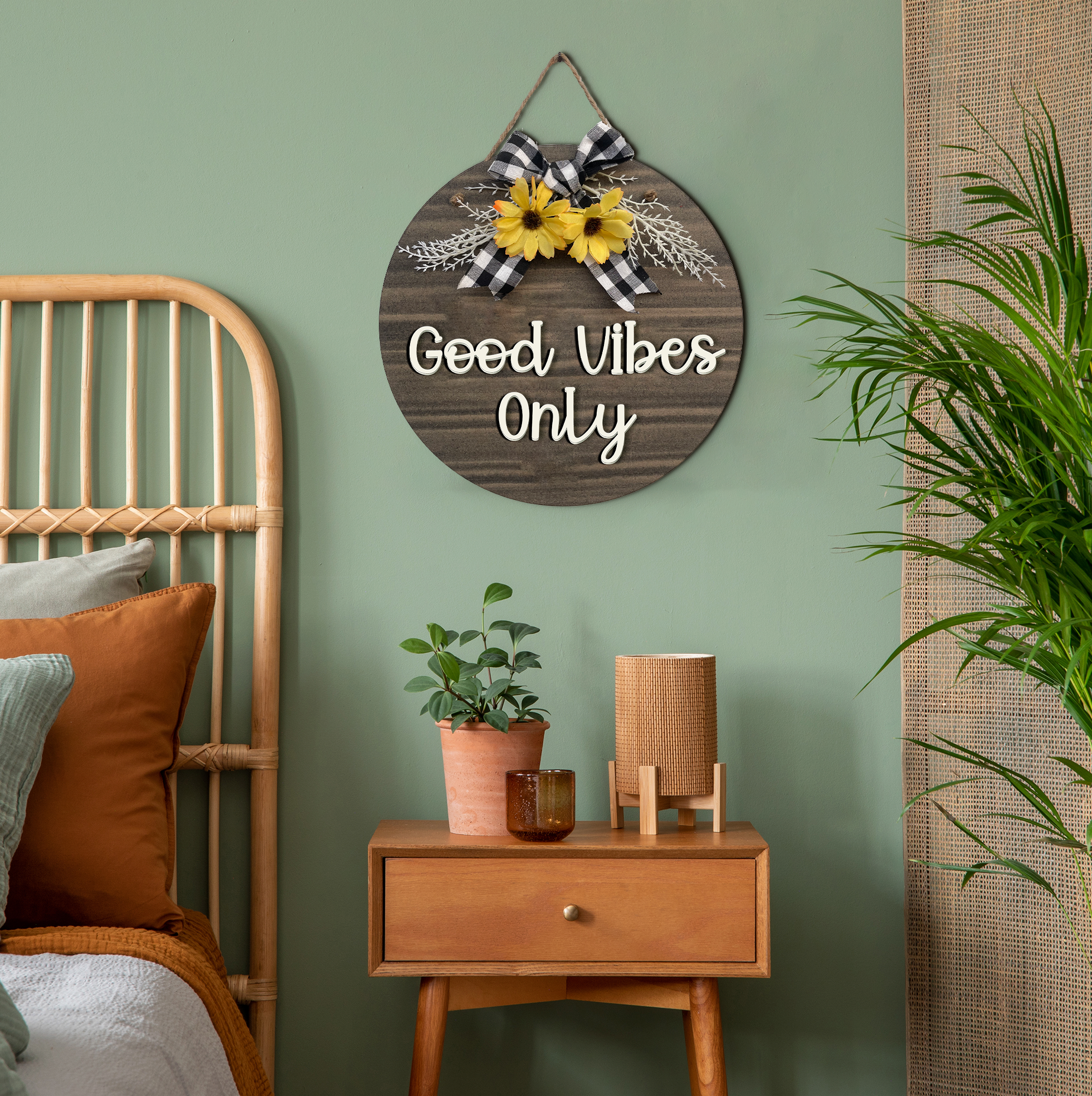 Good Vibes Only Wall Hanging Round Wooden Decorative Frame Board Plaque Art Wemy Store