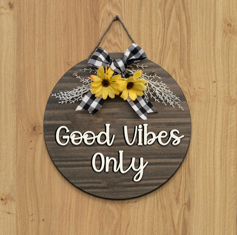 Good Vibes Only Wall Hanging Round Wooden Decorative Frame Board Plaque Art Wemy Store