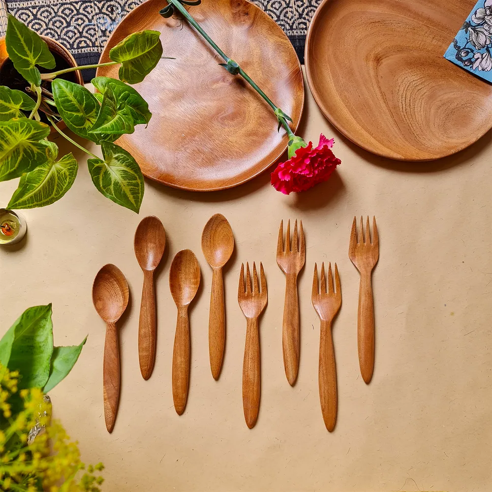 Handcrafted Neem Wood Spoons & Forks Pack of 8 (Traveling Kit) Wemy Store