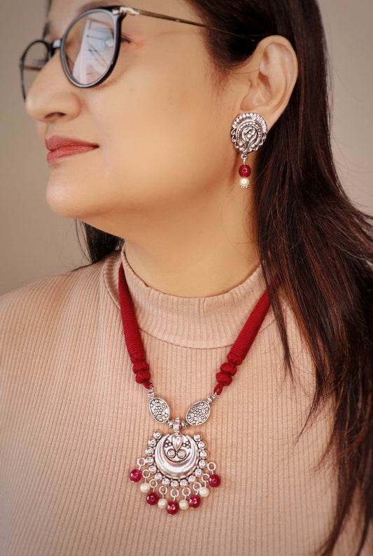 Handmade Brass oxidized silver look alike necklace set with Red Glass beads & Red Tassel -KUBRA Wemy Store