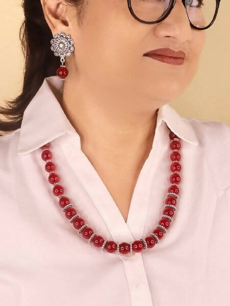 Handmade German Silver Everyday Casual wear Office wear Minimalistic Formal Evening Party Necklace set with Maroon Glass Beads - AAFIA Wemy Store