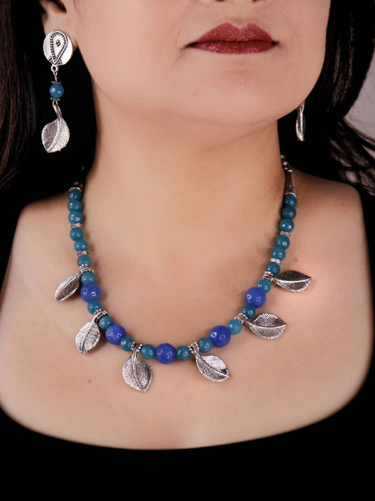 Handmade German Silver look alike Everyday Casual Formal Evening Party Necklace set with Blue Beads - RUPALI Wemy Store