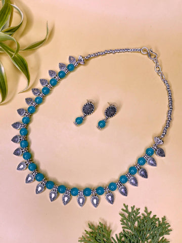 Handmade German silver oxidized silver look alike Evening Dinner Party Minimalistic Necklace set with Blue Glass Beads- HEMAL Wemy Store