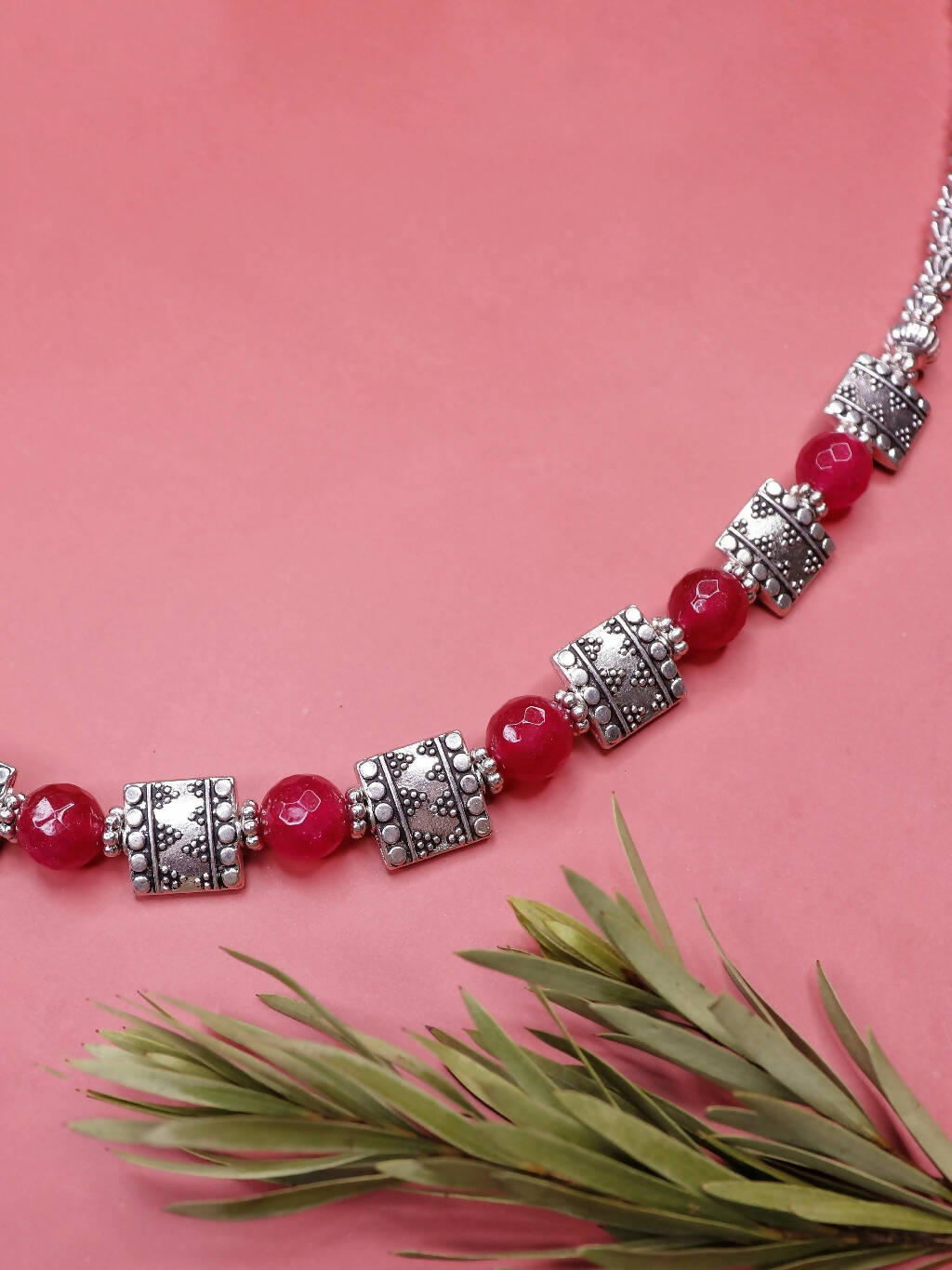 Handmade German silver silver look alike evening, dinner, party Necklace Set with Red Glass beads-RATNA Wemy Store