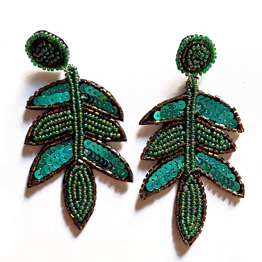Handmade beaded Leaf Earrings-Green Wemy Store