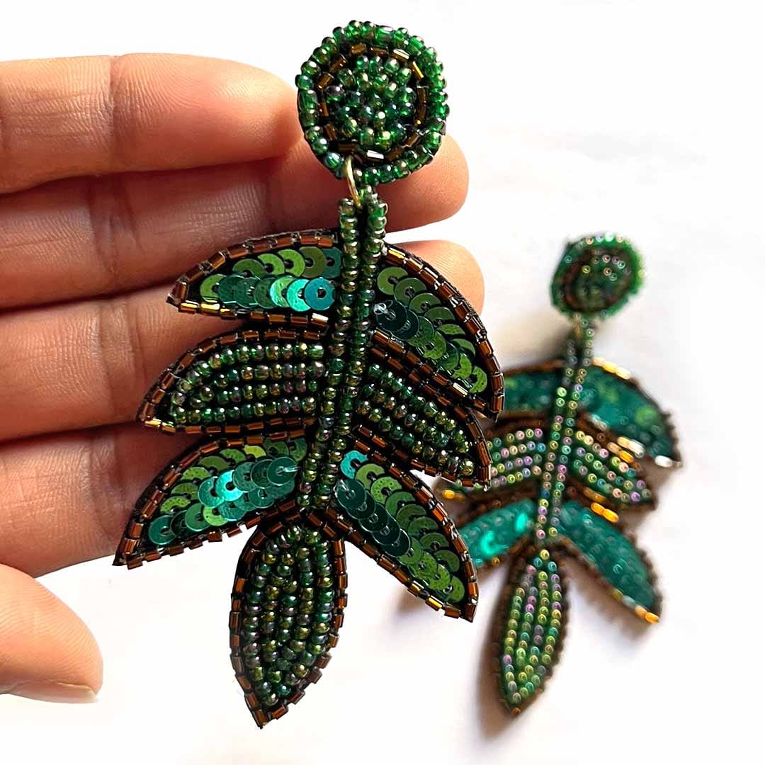Handmade beaded Leaf Earrings-Green Wemy Store
