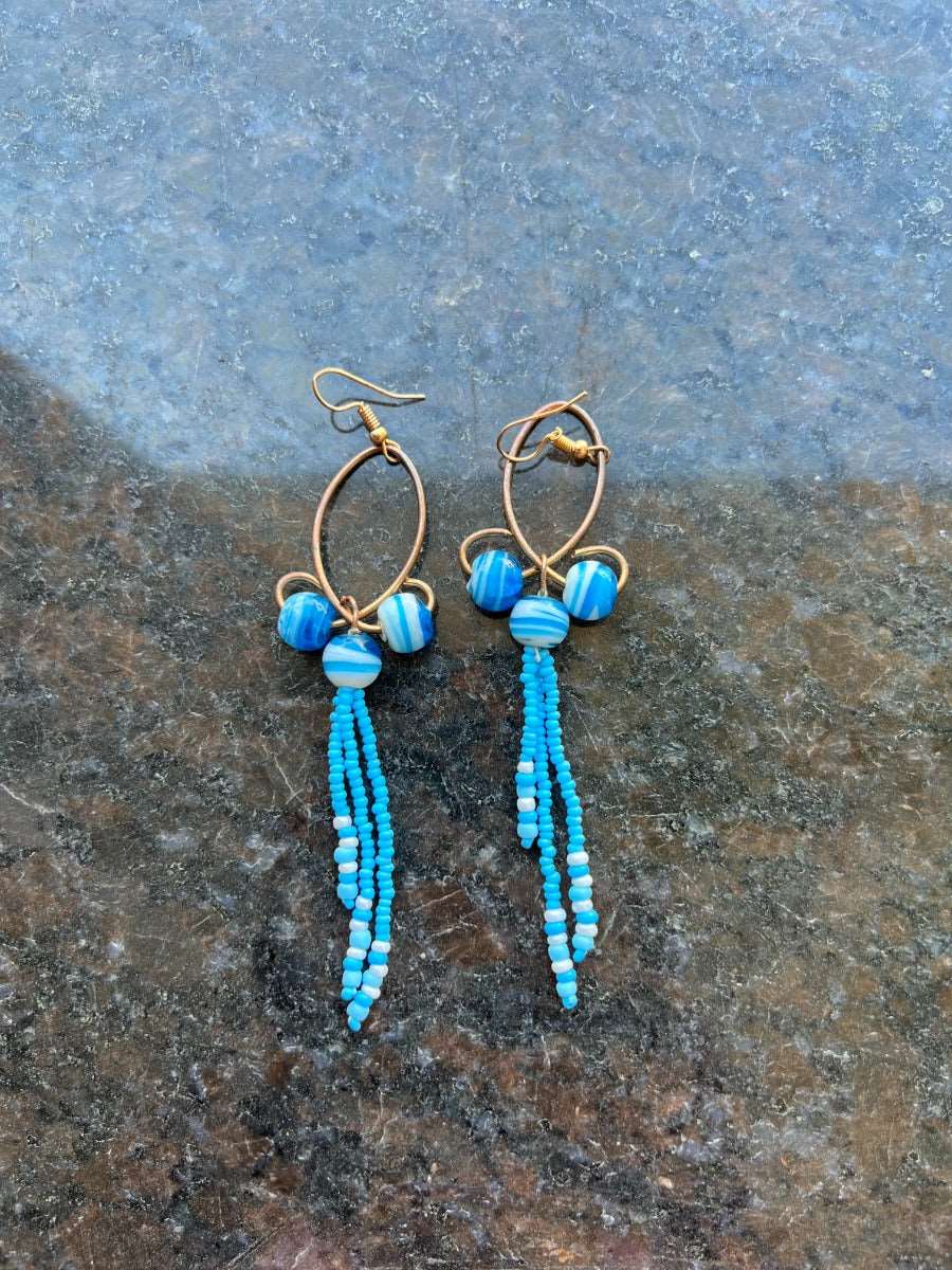 Handmade beaded earrings(white and blue) Wemy Store